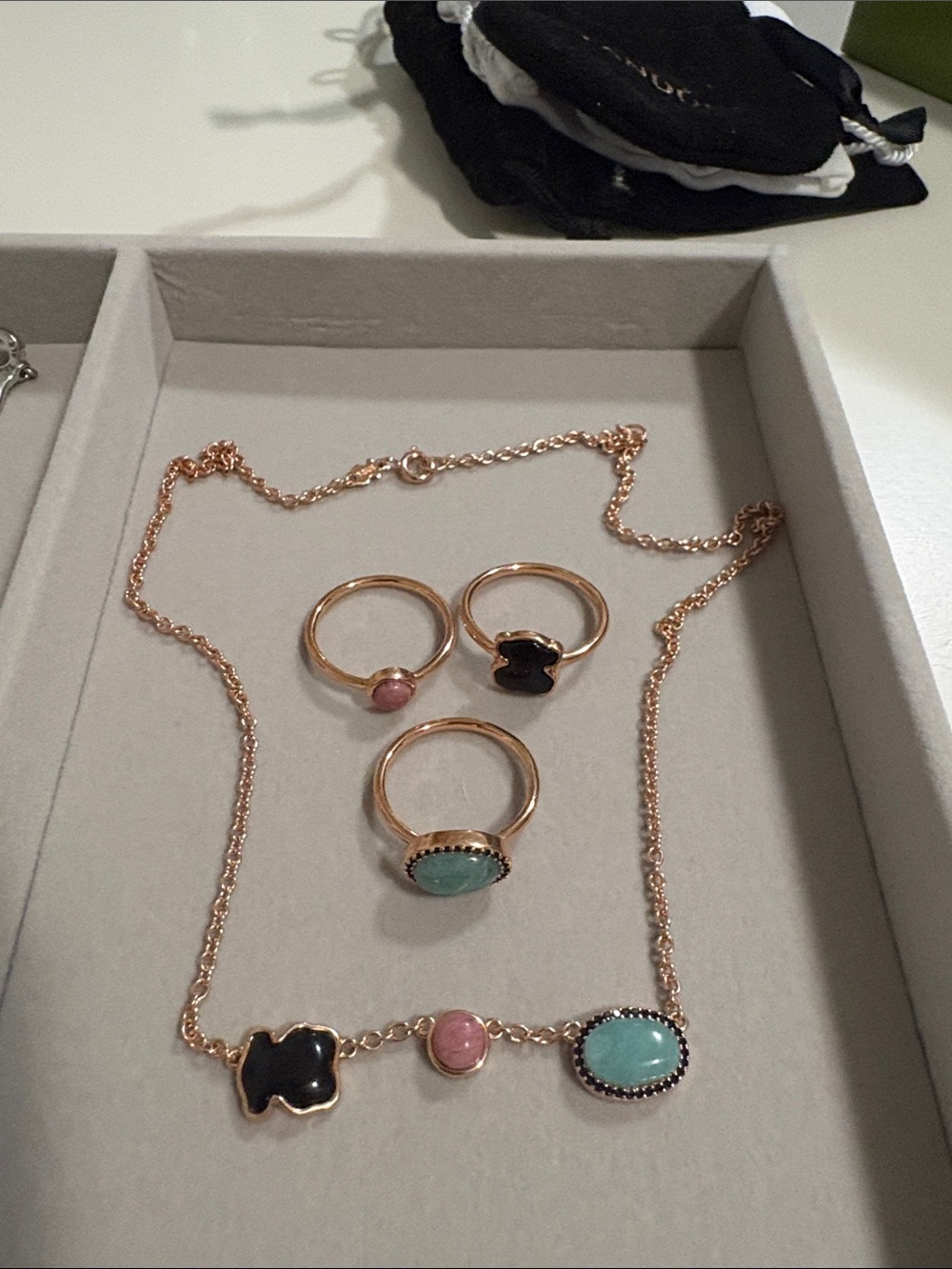 Rose Gold Multi-Stone Pendant Necklace and Ring Set - Pink, Black, Turquoise